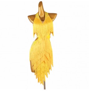 Women girls colorful fringe latin dance dresses red white dark green blue yellow fuchsia purple black ballroom salsa rumba dancing costumes modern dance wear